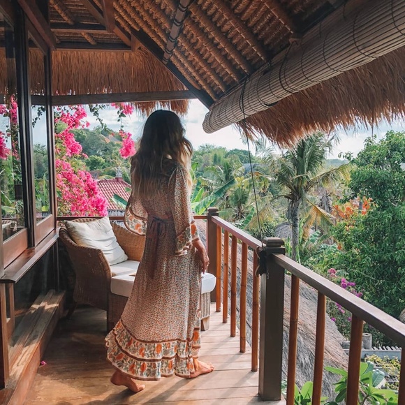 boho floral print vneck belted maxi dress cover up - Picture 2 of 6